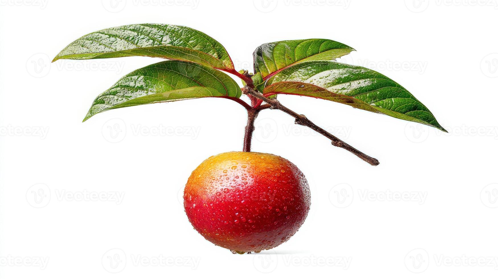 a Juicy Red and Yellow Guava with Green Leaves on White Background photo