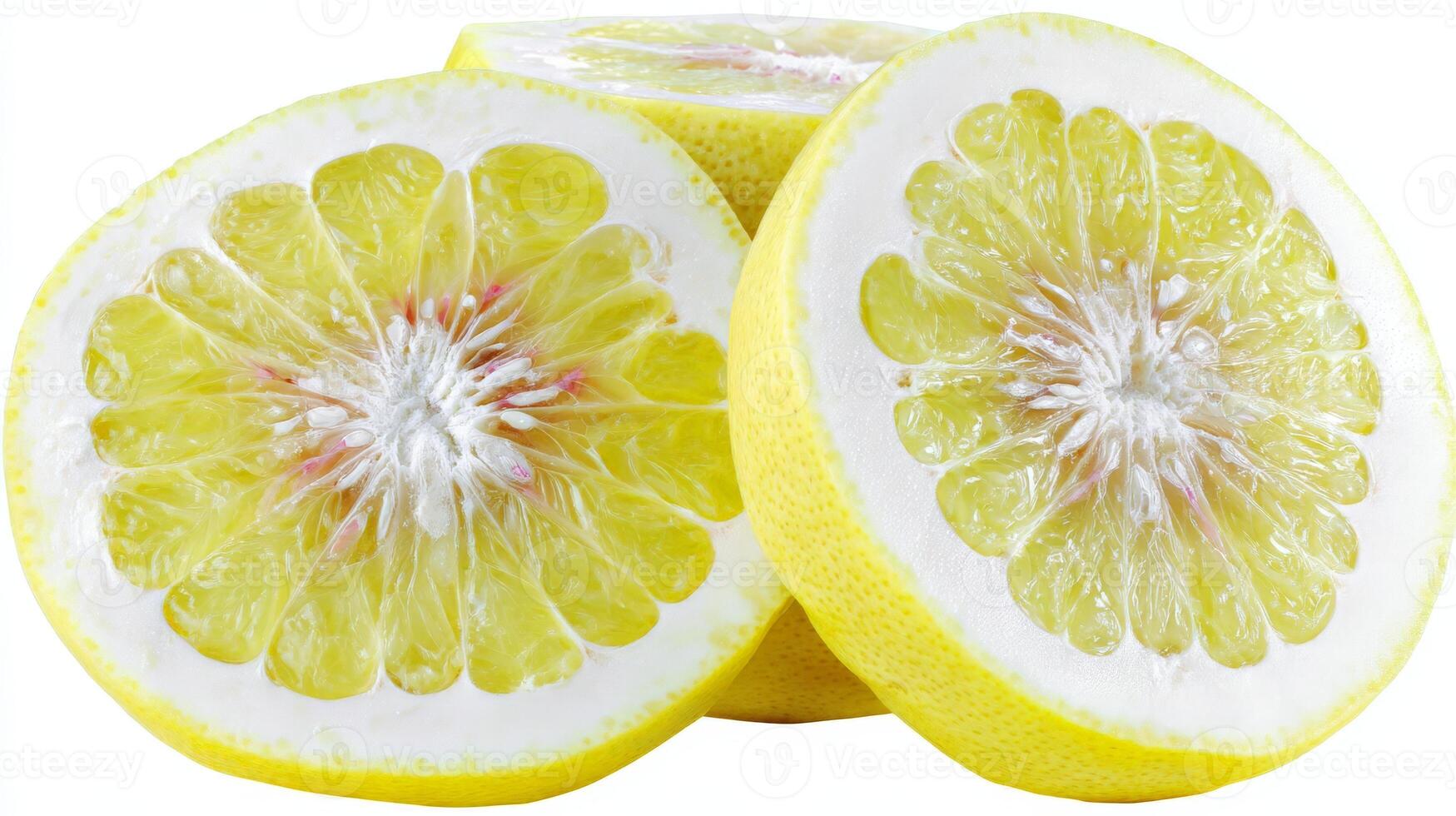 Three Juicy Yellow Grapefruit Slices Isolated on White Background photo