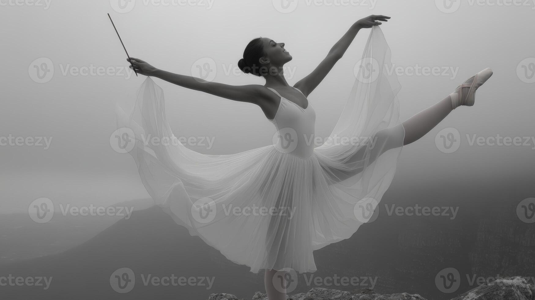 Graceful Ballerina in White Tutu on Misty Mountaintop photo