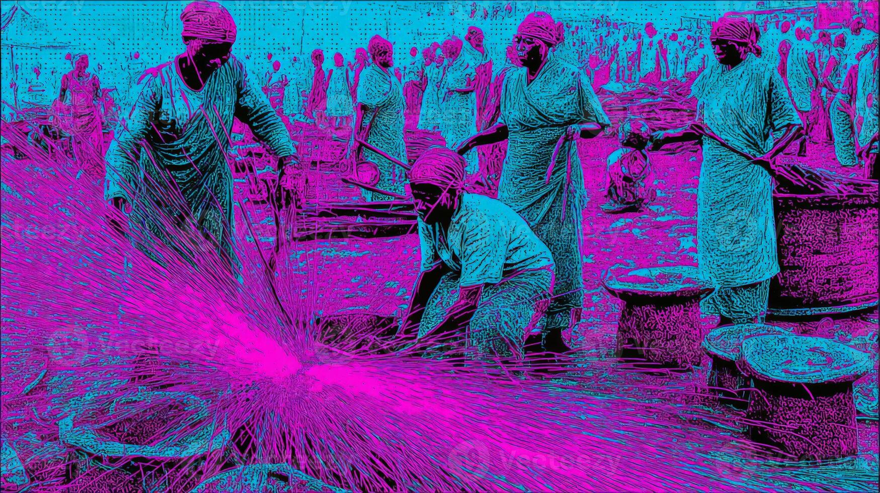 Stylized Pink and Cyan Image of Figures Engaged in Manual Labor photo