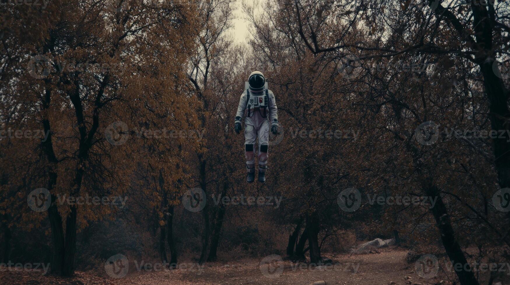 Surreal Astronaut Floating in Autumn Forest photo