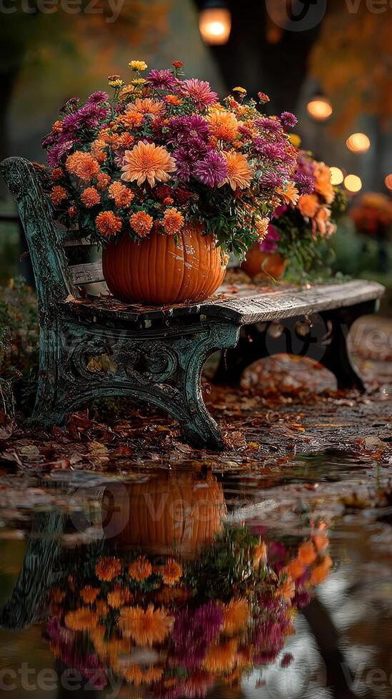 Colorful autumn flowers in pumpkin planter beside a bench reflecting in water at a park photo