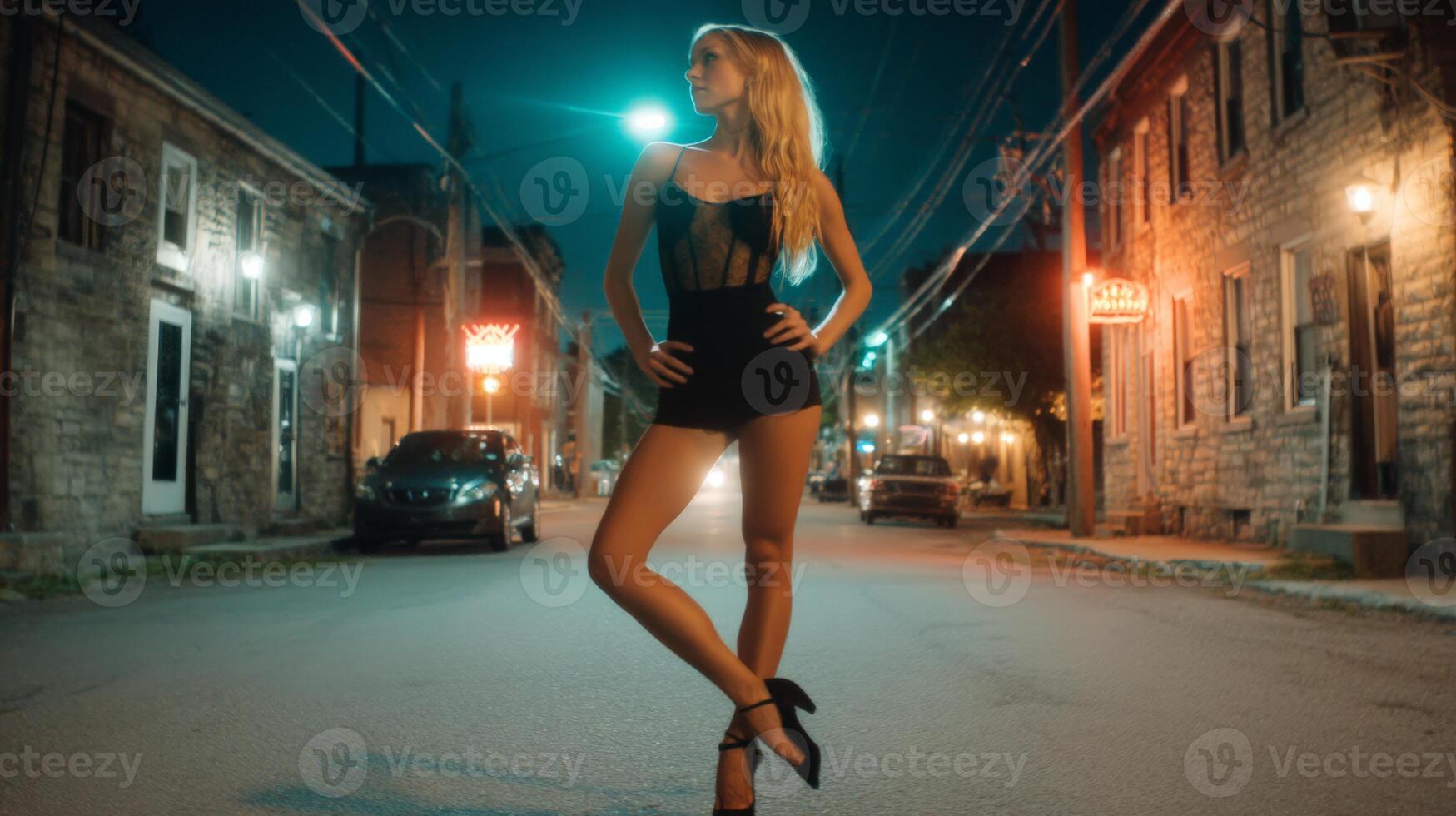 Young Woman in Black Dress Posing on City Street at Night photo