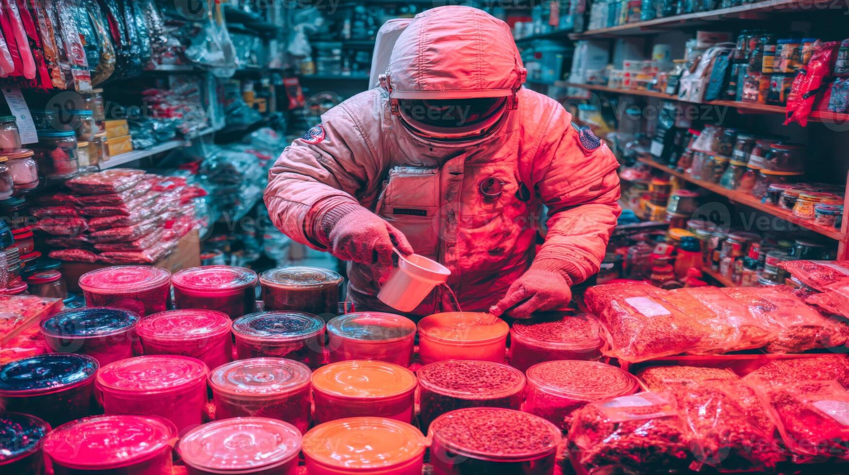 Astronaut in Pink Spacesuit Pours Food in a Dimly Lit Store photo