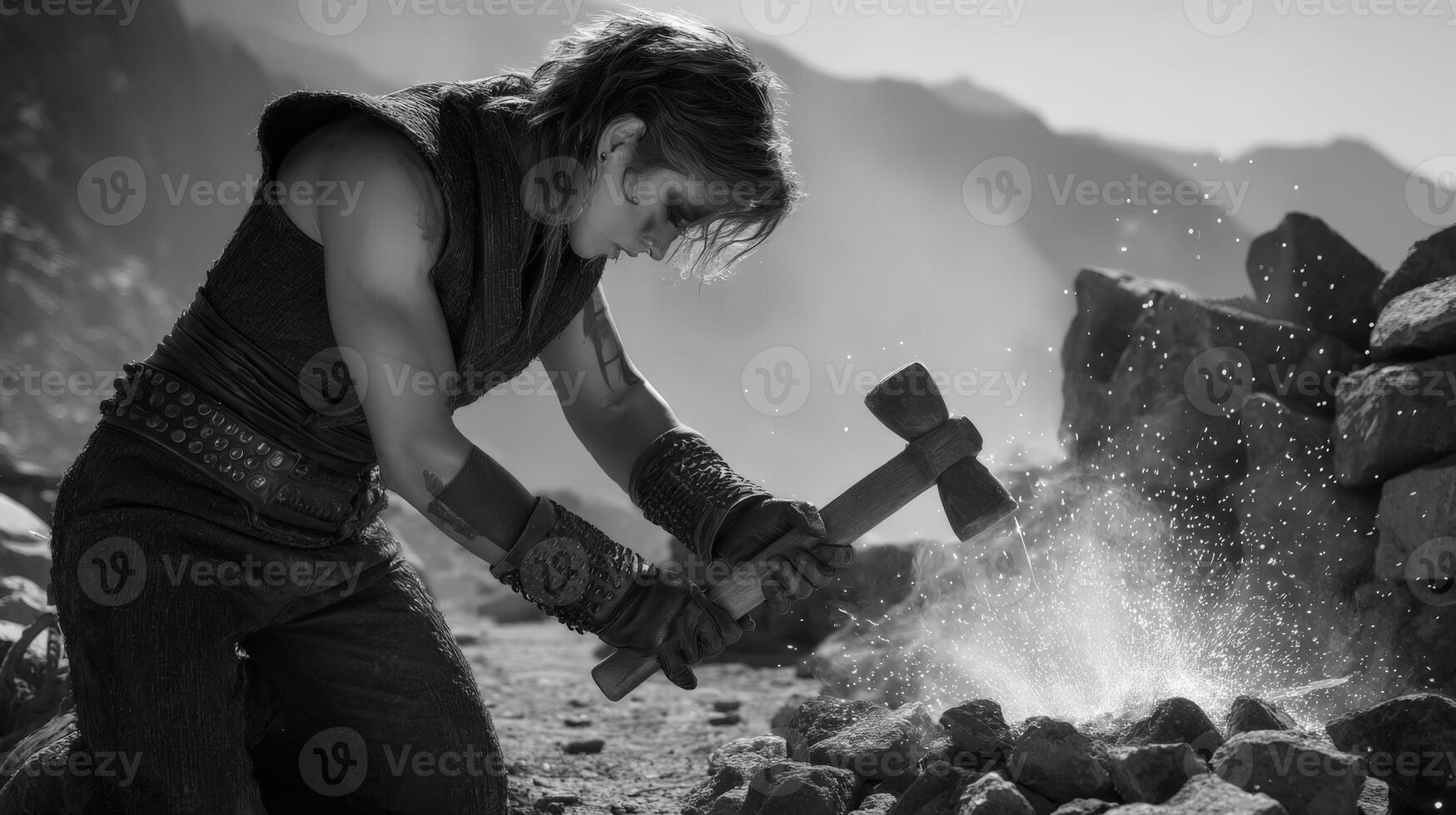 Muscular Person Striking Rock with Hammer, Creating Sparks in Mountainous Landscape photo