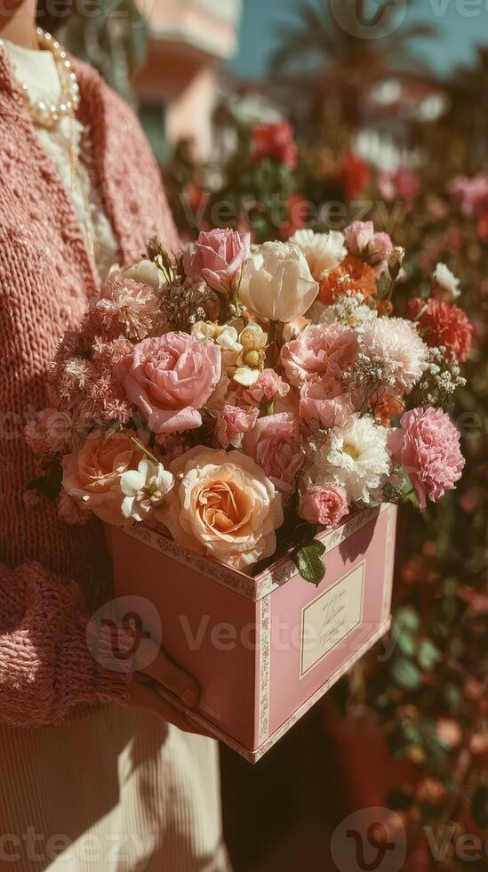Beautiful bouquet of assorted flowers in a pastel box held by a person in a blooming garden during midday sunshine photo