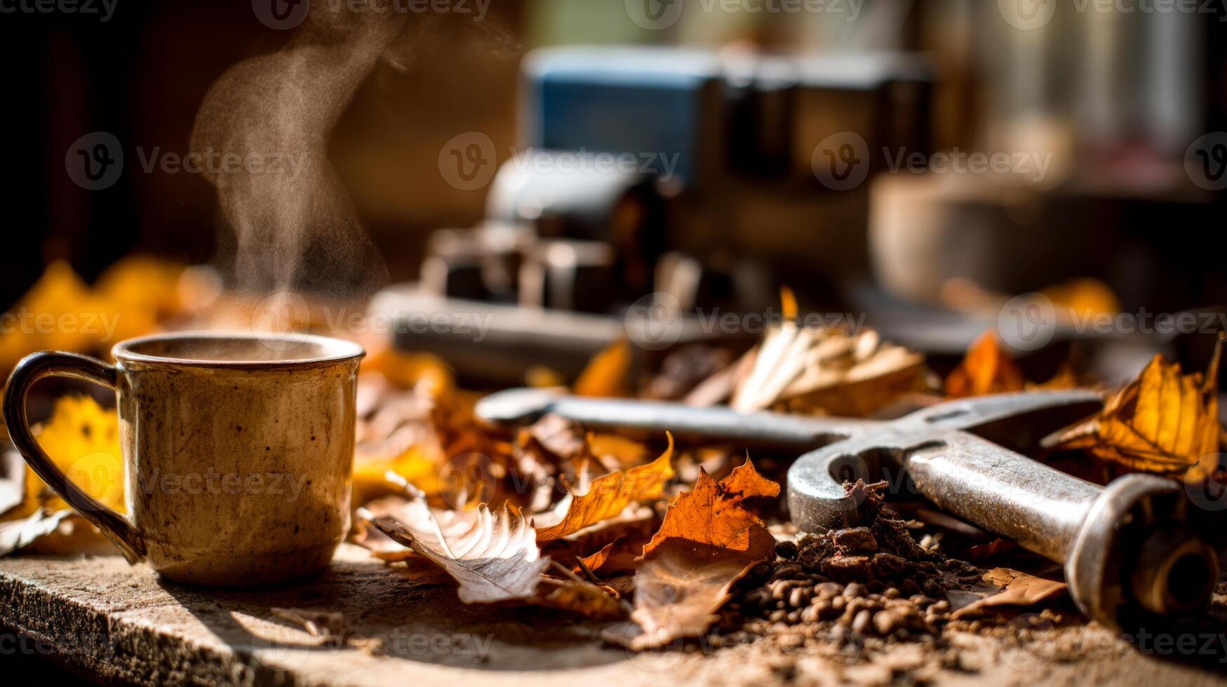 Rustic Still Life Steaming Coffee Cup Amidst Autumn Leaves and Carpentry Tools photo