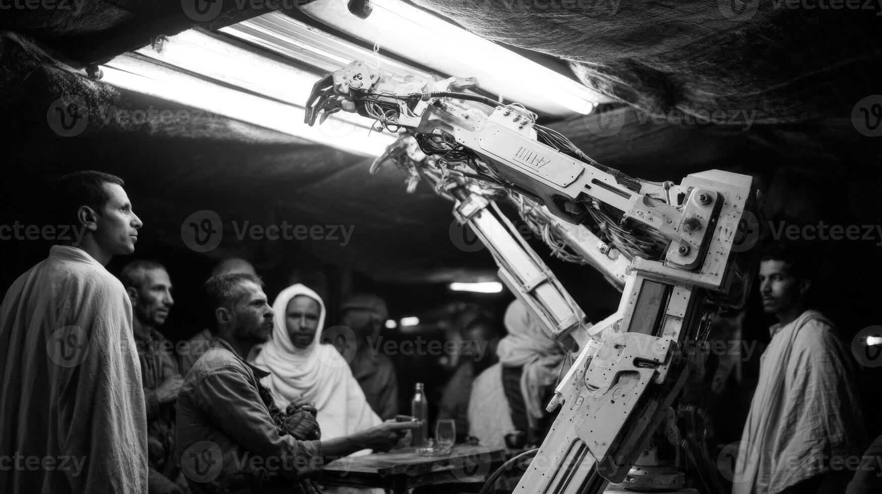 Robotic Arm Interacting with People in Dimly Lit Industrial Space photo
