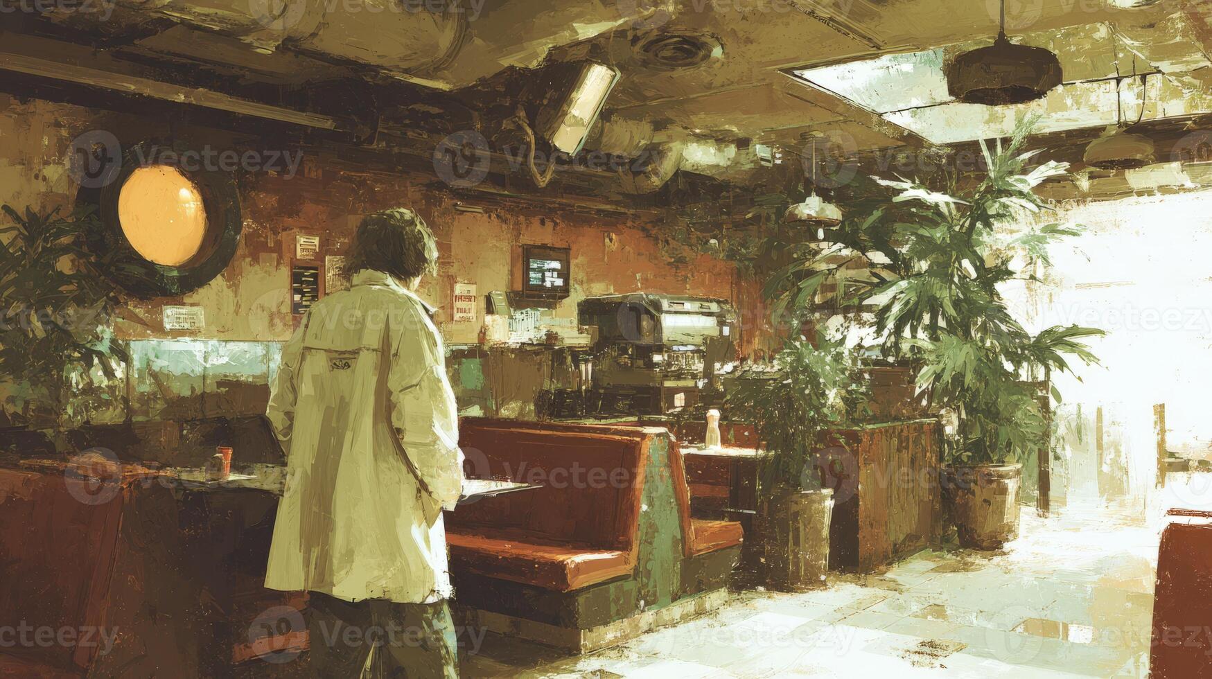 Person in Beige Jacket Inside a Vintage Diner with Warm Lighting photo