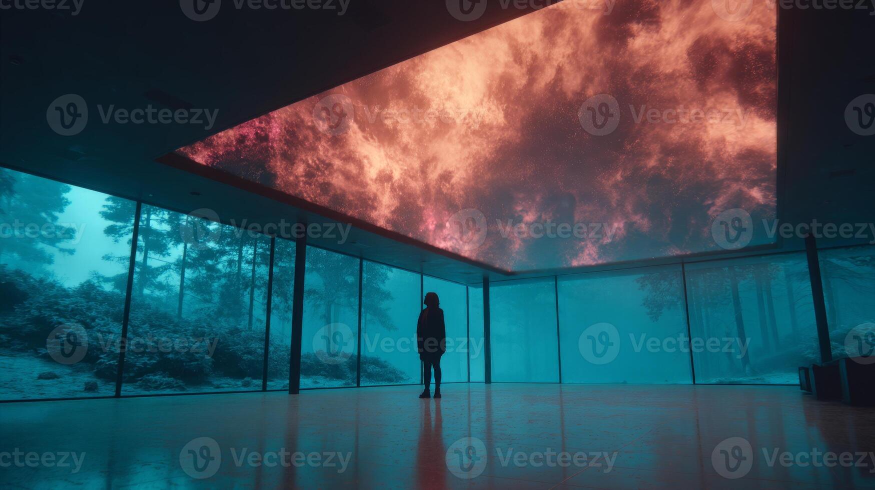 Silhouette in Modern Glass Building with Nebula Ceiling and Misty Forest photo