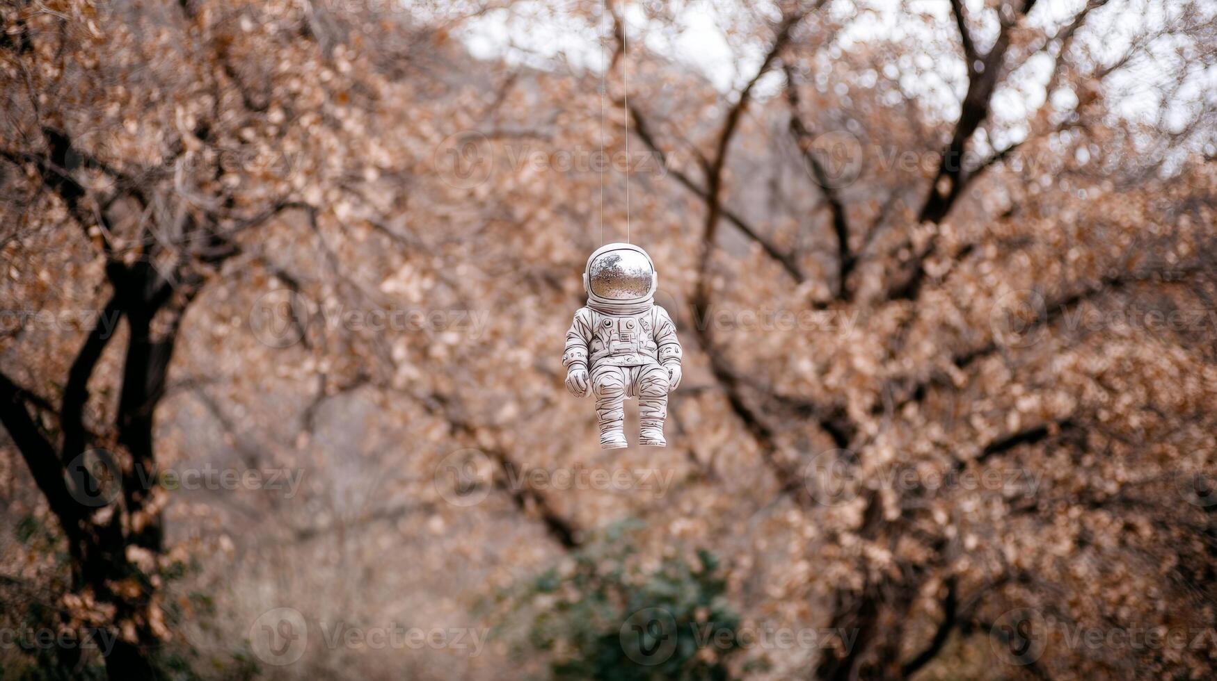 Spotted Toy Astronaut Hanging from Tree Branch in Autumnal Forest photo
