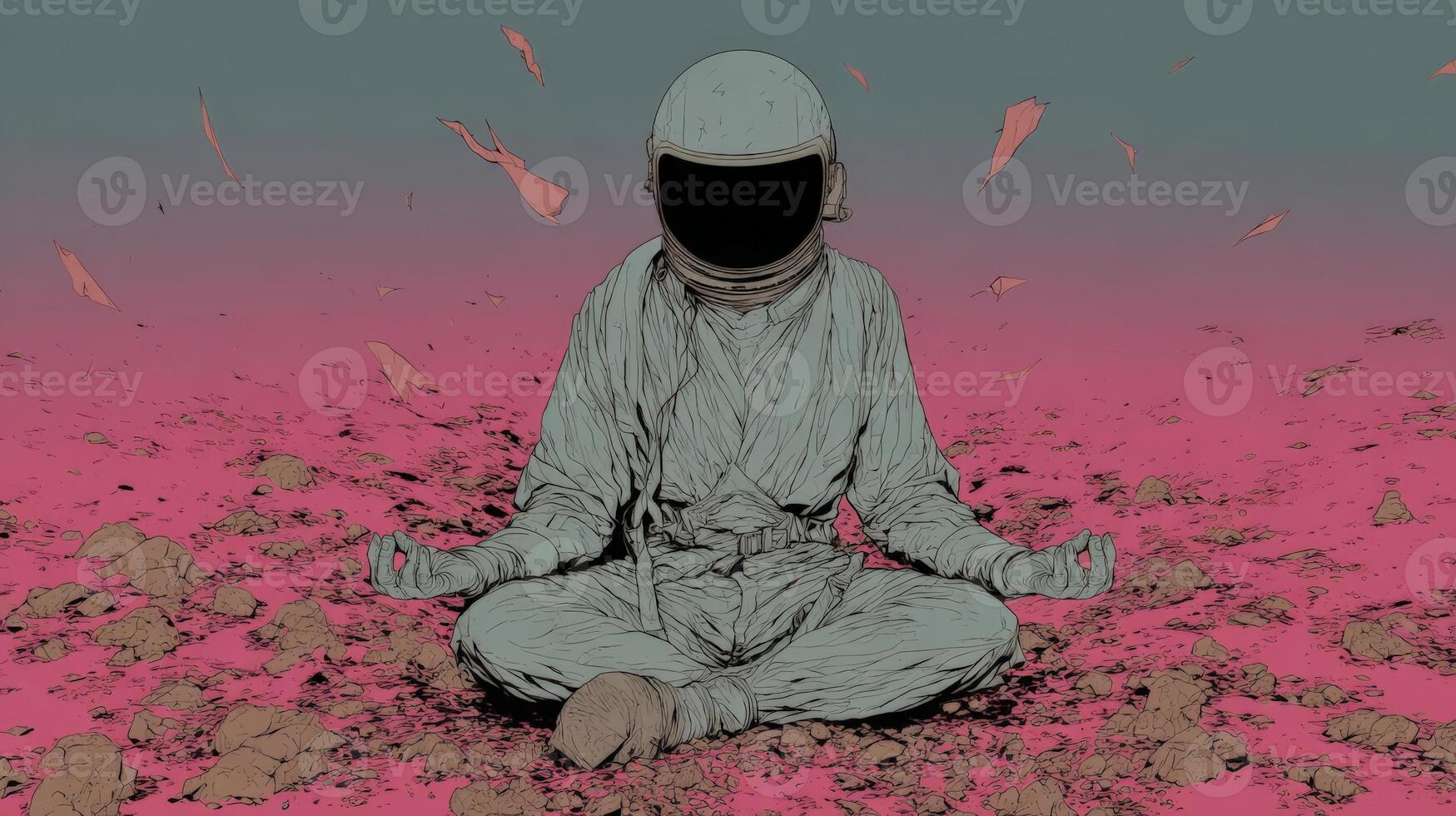 Retro Astronaut Meditating on a Pink Planet photo