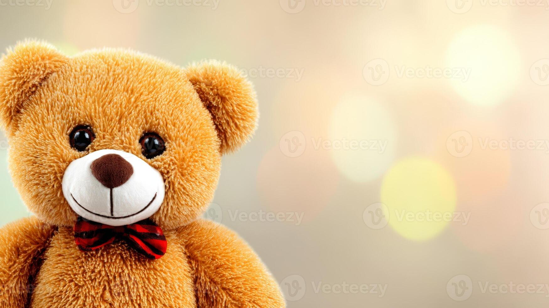 Closeup of a Light Brown Teddy Bear with Bow Tie Against Warm Bokeh Background photo