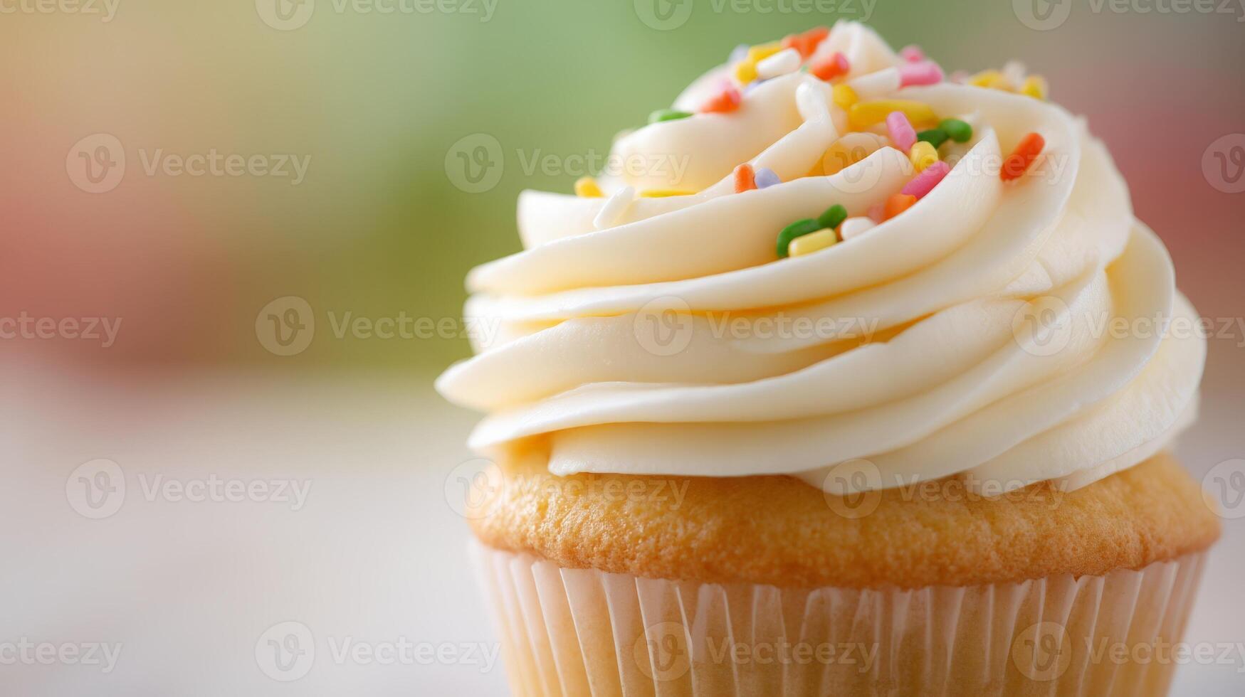 Close Up of Vanilla Cupcake with Creamy Frosting and Sprinkles photo