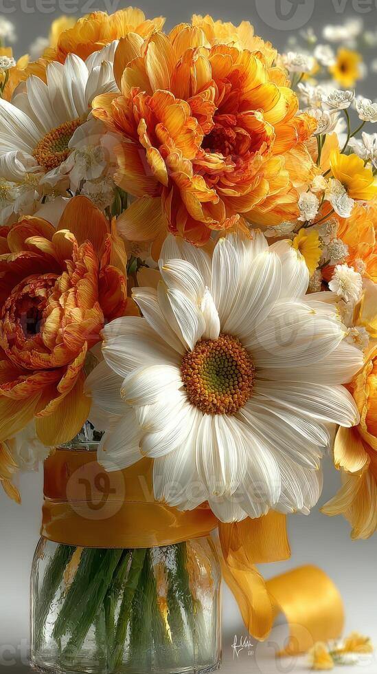 Vibrant bouquet of orange and white flowers in a glass jar with a yellow ribbon on a neutral background photo