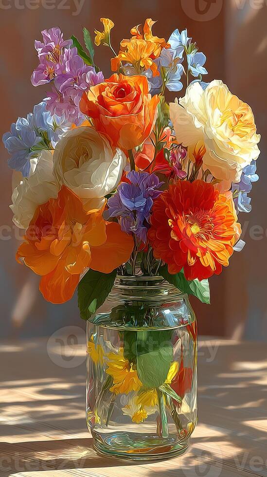 Bright bouquet of colorful flowers arranged in a glass jar on a wooden table in soft lighting photo