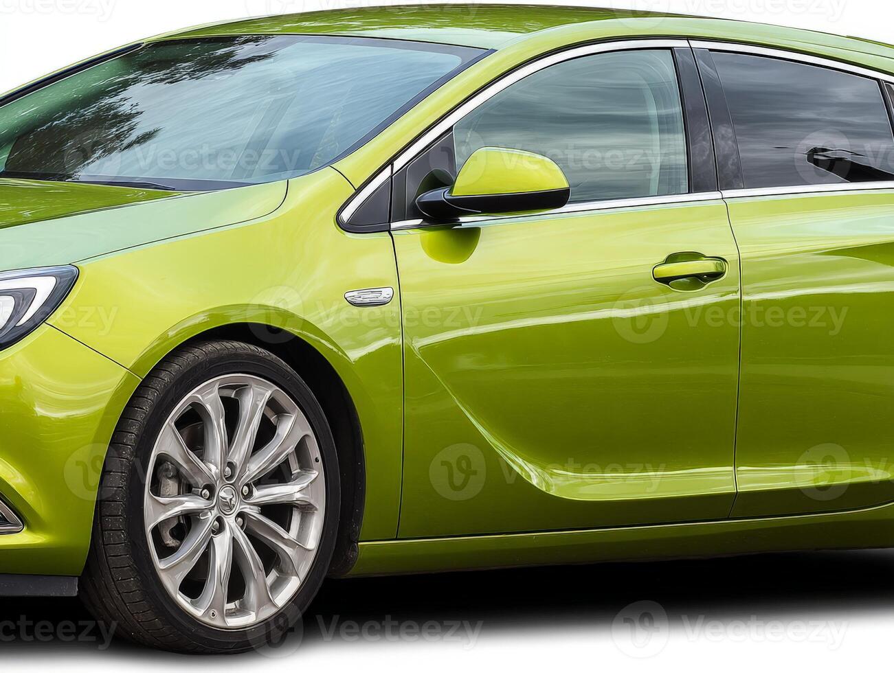 Lime Green Hatchback Car Side View on White photo