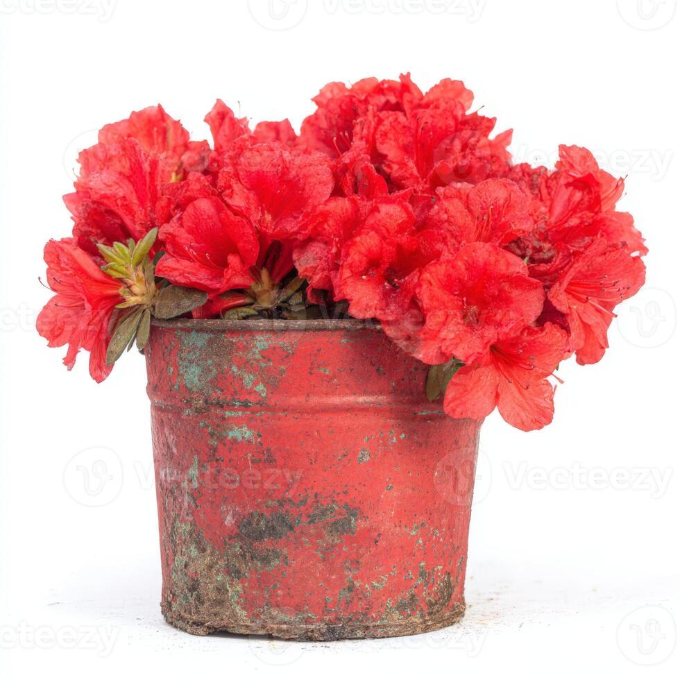 Red Azalea Blossoms in Rustic Pot Against White Background photo