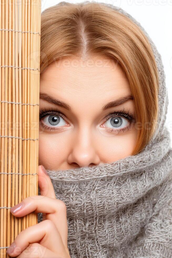 Portrait of a Woman Partially Hidden Behind a Gray Scarf and Bamboo Mat photo