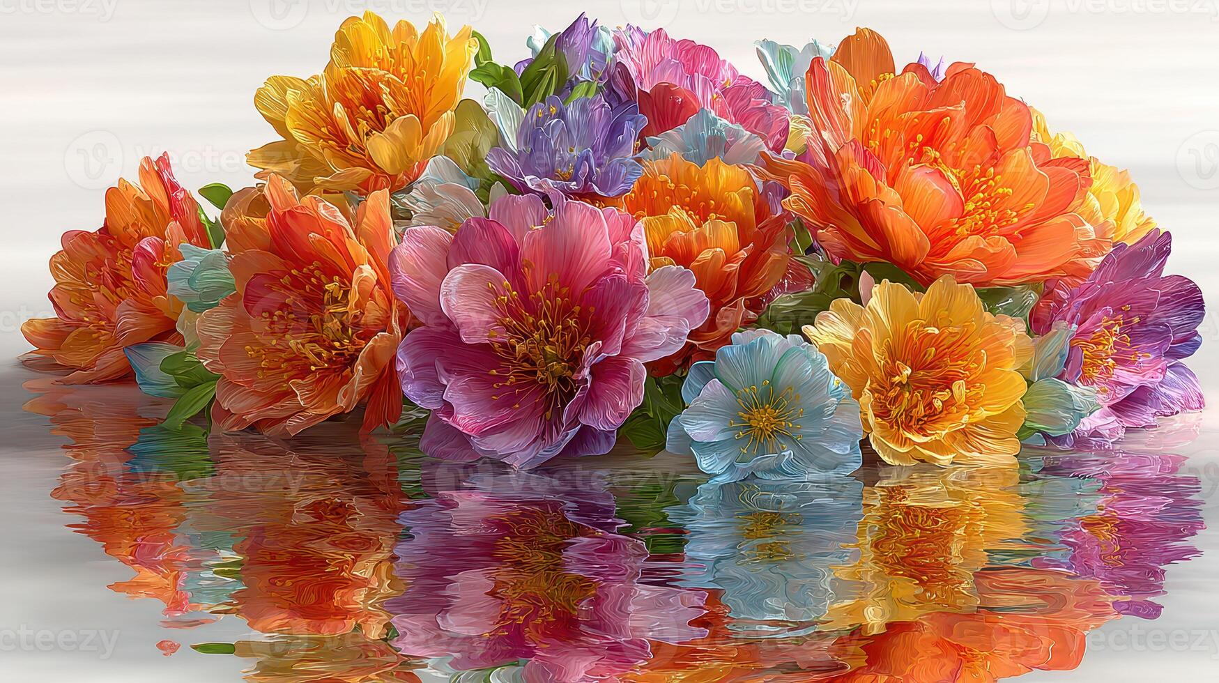 Colorful floral arrangement with vibrant reflections in calm water during daylight hours in a serene setting photo