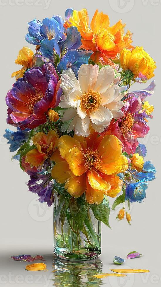 Vibrant bouquet of colorful flowers in a glass vase reflecting on the surface, creating a lively centerpiece photo