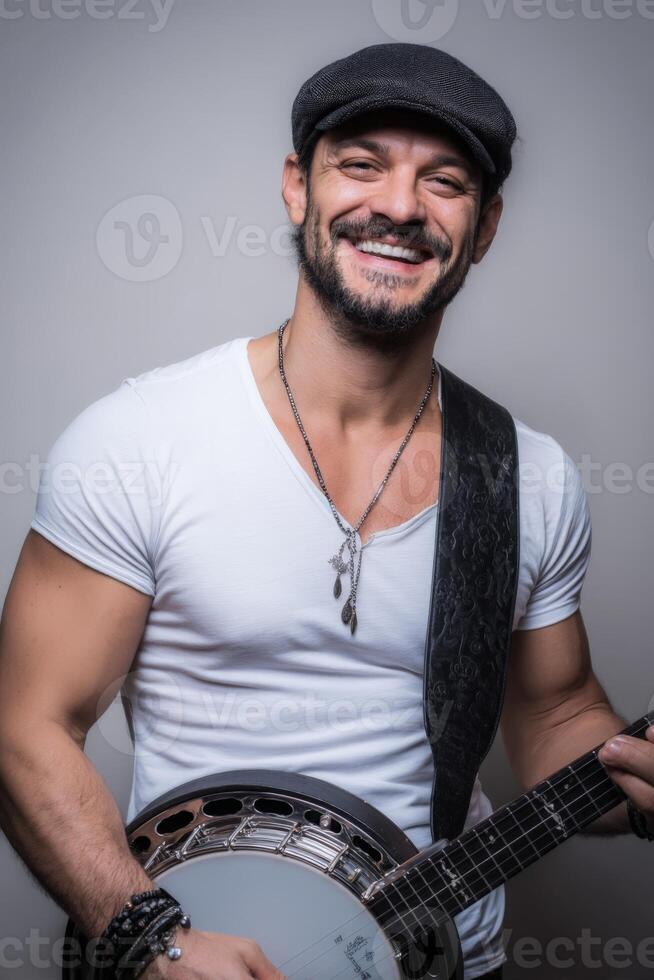 Smiling Man with Banjo in Studio Portrait photo
