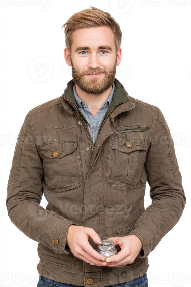 Studio Portrait of a Man with Beard Holding Harmonica photo