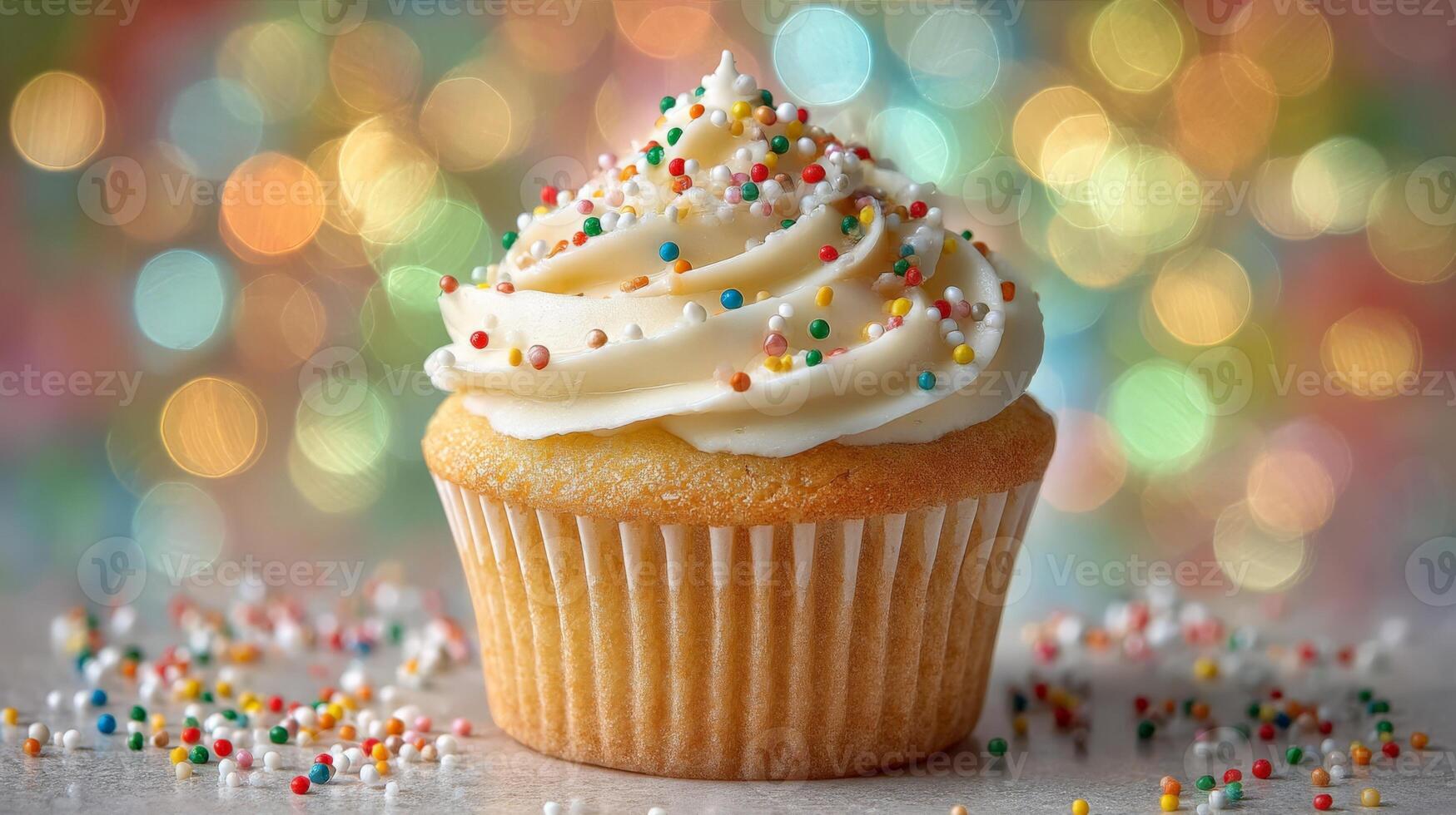 Vanilla Cupcake with Colorful Sprinkles on Bokeh Background photo