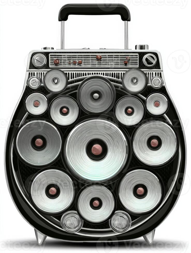 Black Portable Speaker with Multiple Silver Speakers on White Background photo