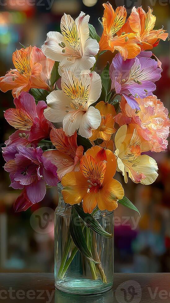 Colorful alstroemeria bouquet displayed in a clear glass vase at a vibrant flower shop photo