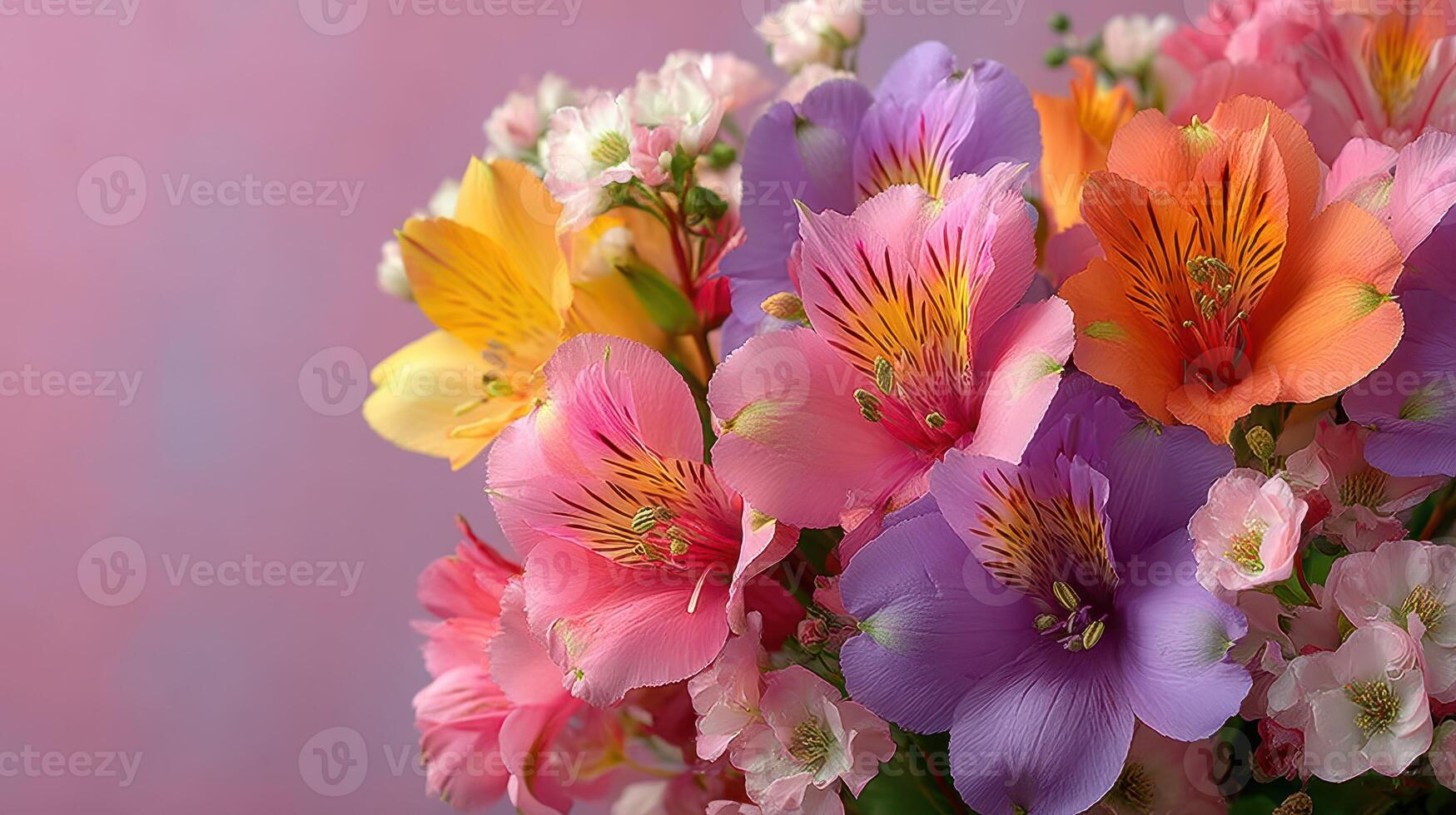 Colorful bouquet of alstroemeria flowers arranged beautifully against a soft pink background photo
