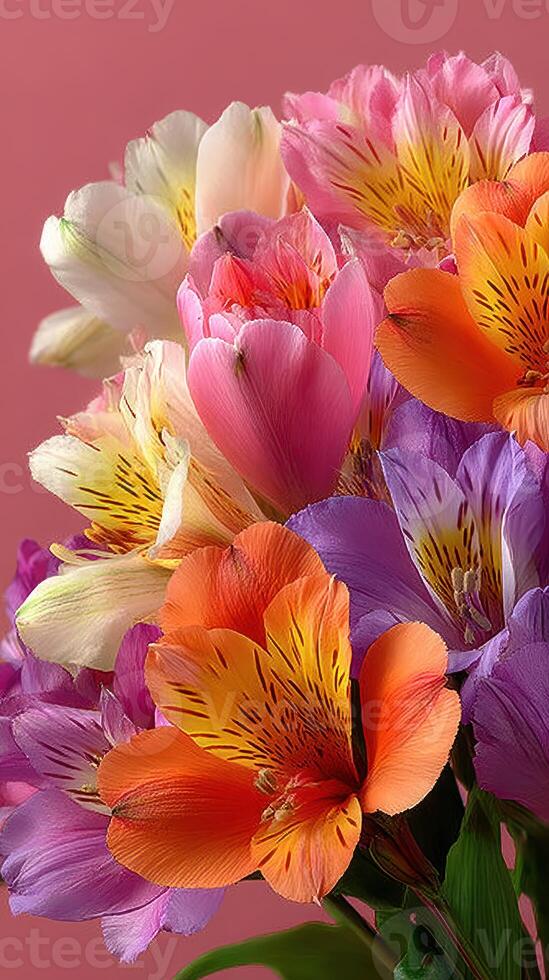 Colorful bouquet of alstroemeria flowers showcasing vibrant hues on a pink background photo