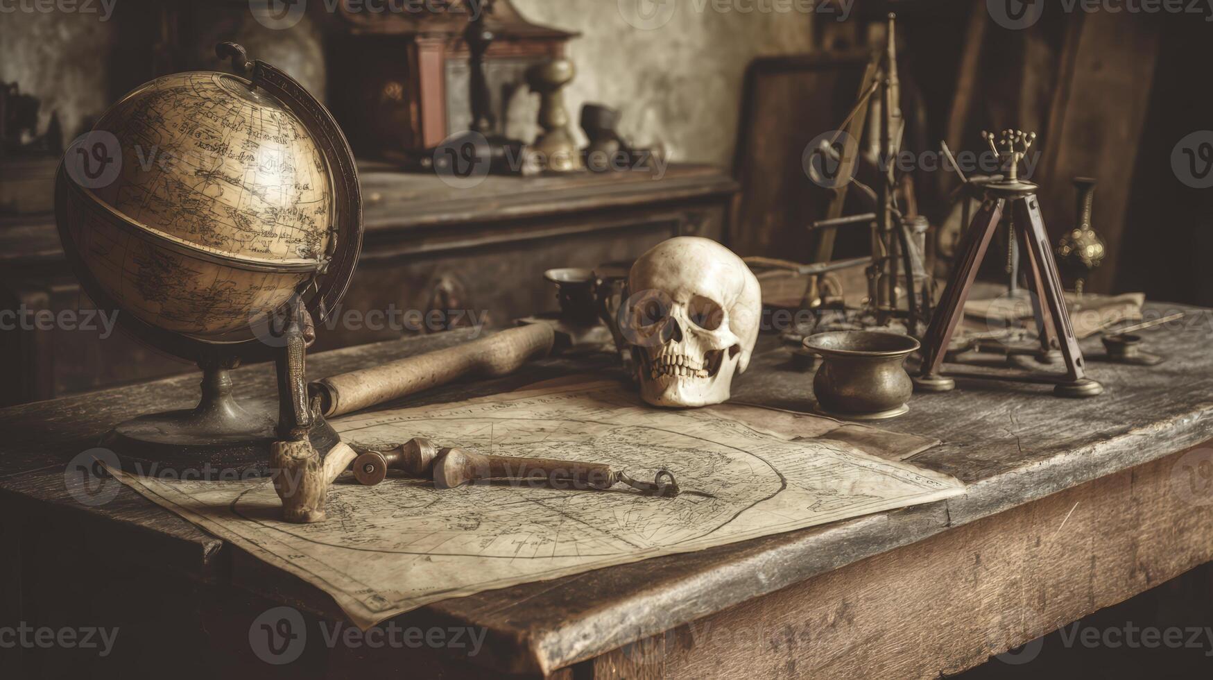 Antique Skull and Scientific Instruments on Weathered Wooden Table photo
