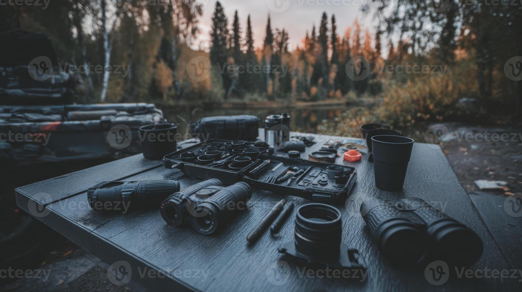 Birdwatching Gear on Rustic Table in Autumn Forest at Dawn photo