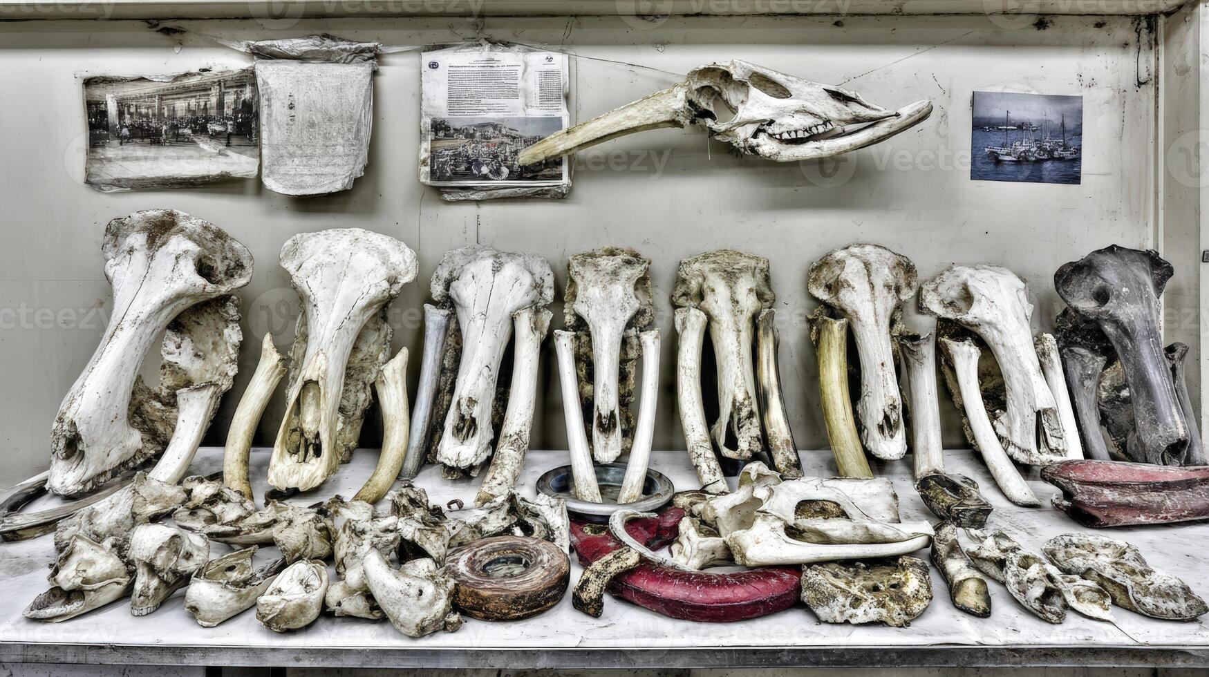 Bleached Animal Skulls and Bones Arranged on White Surface with Artifacts photo