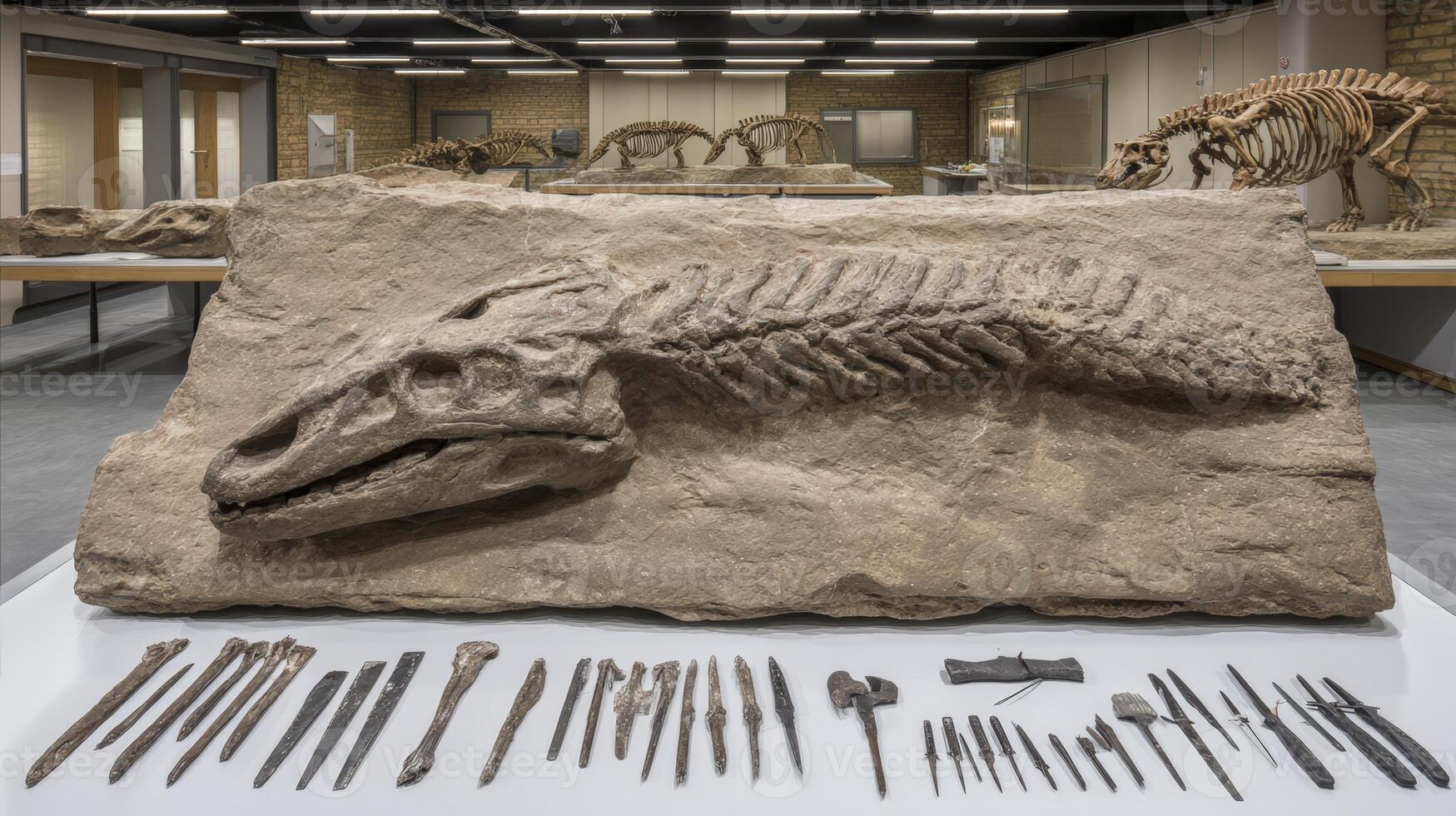 Fossilized Marine Reptile Skeleton with Paleontological Tools in Museum Setting photo
