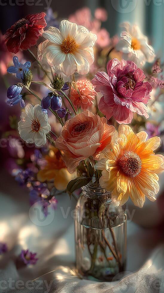 Colorful mixed bouquet with various flowers captured in soft natural light on a sunny day photo