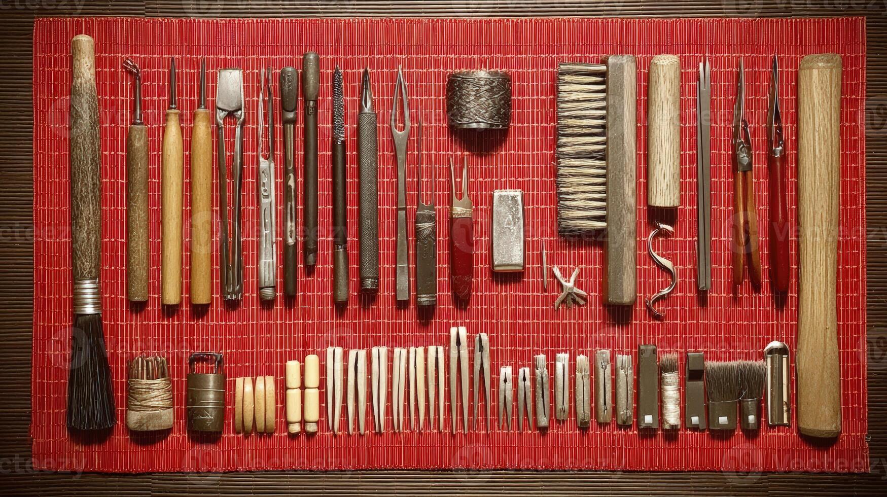 Bonsai Maintenance Tools on Red Mat Flatlay Photography photo