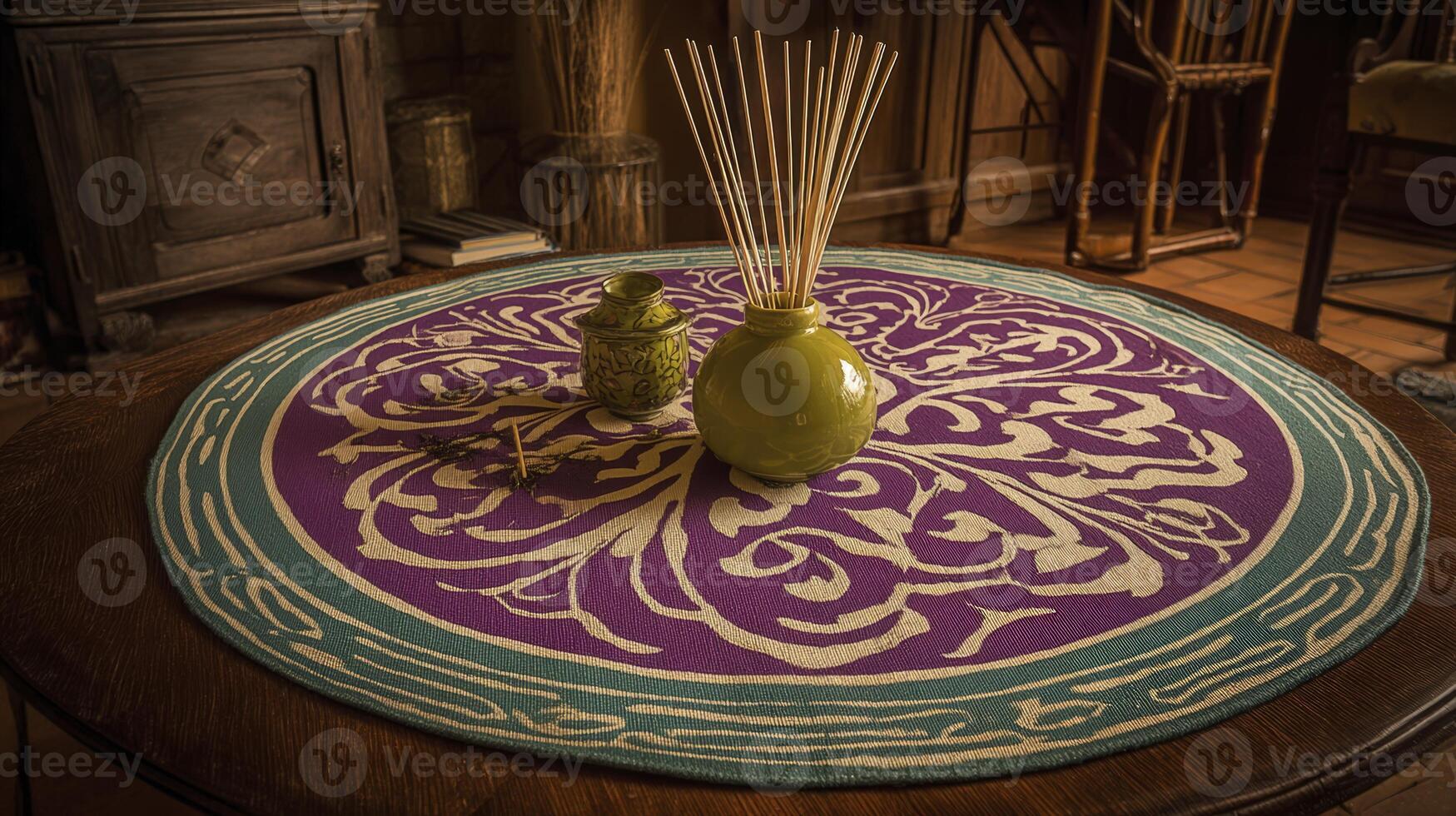 Green Vase with Reed Diffuser on Purple and Teal Aromatherapy Mat photo
