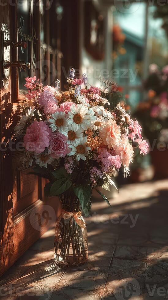 Flower bouquet arrangement outside a charming entrance during golden hour in a cozy neighborhood photo