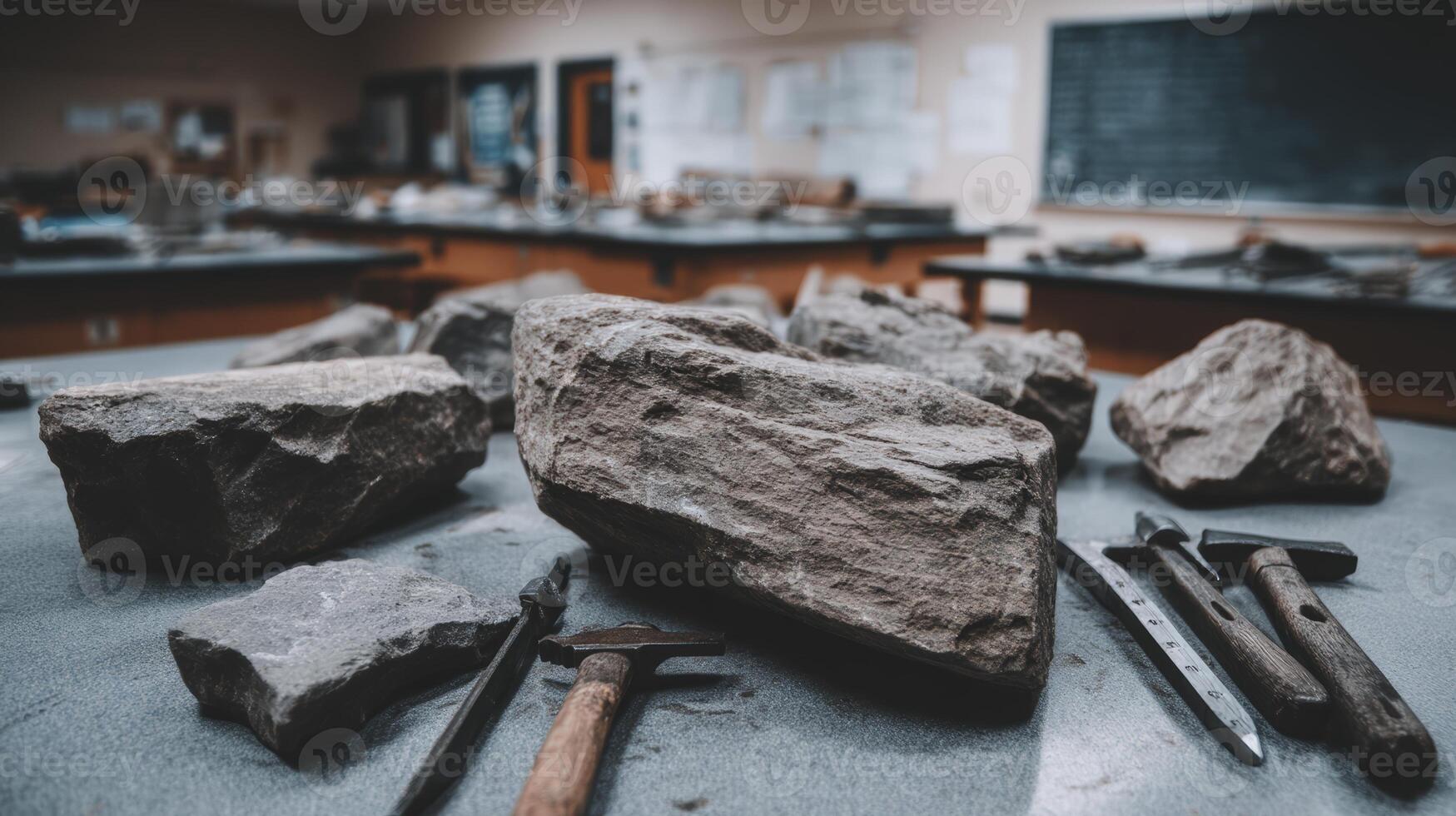Gray and Brown Rocks with Geological Tools on a Lab Table photo