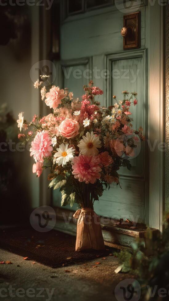 Beautiful bouquet of pink and white flowers placed at a charming door during the golden hour of late afternoon photo