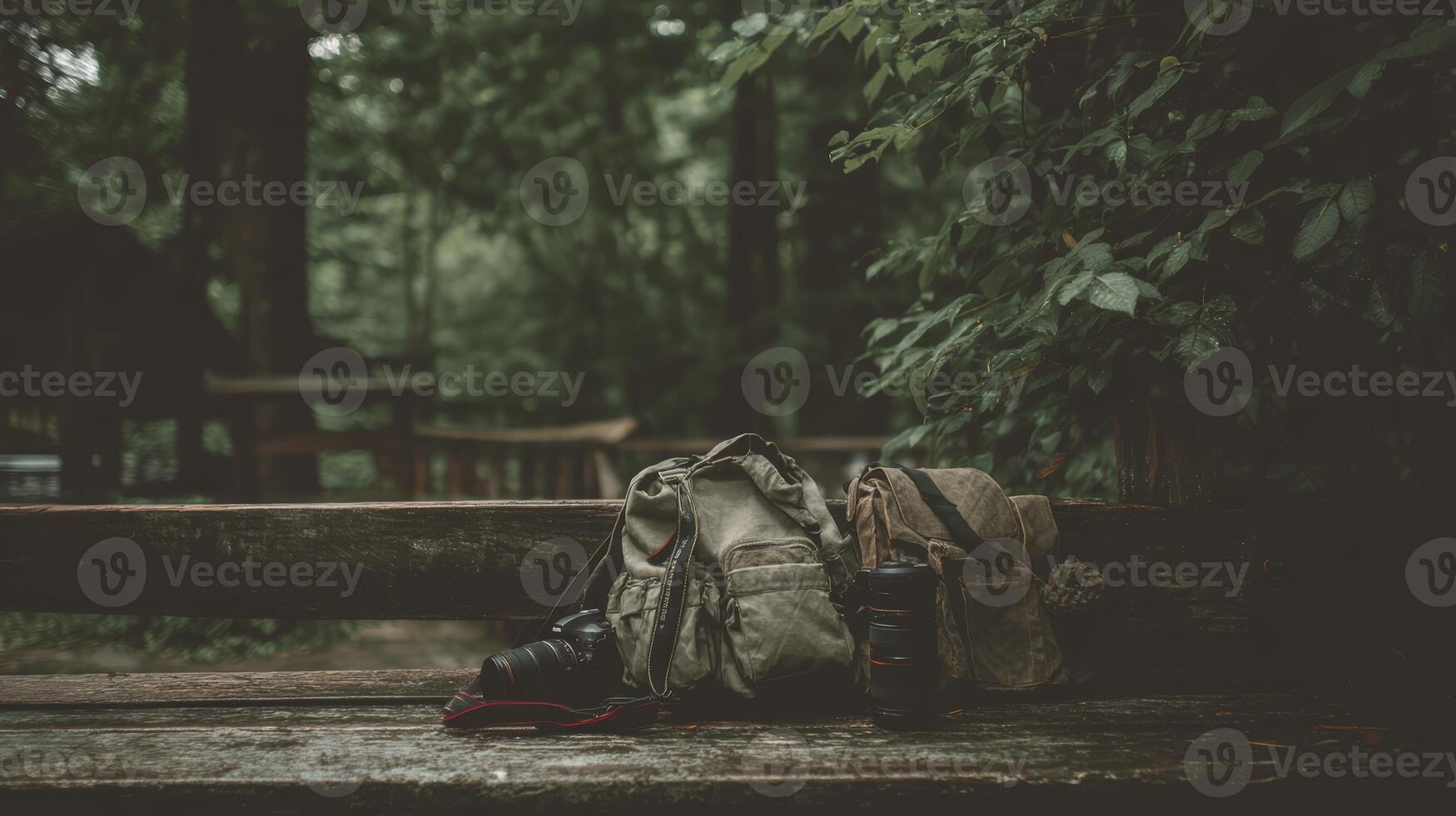 Camera Gear on Rustic Wooden Bench in Forest Setting photo