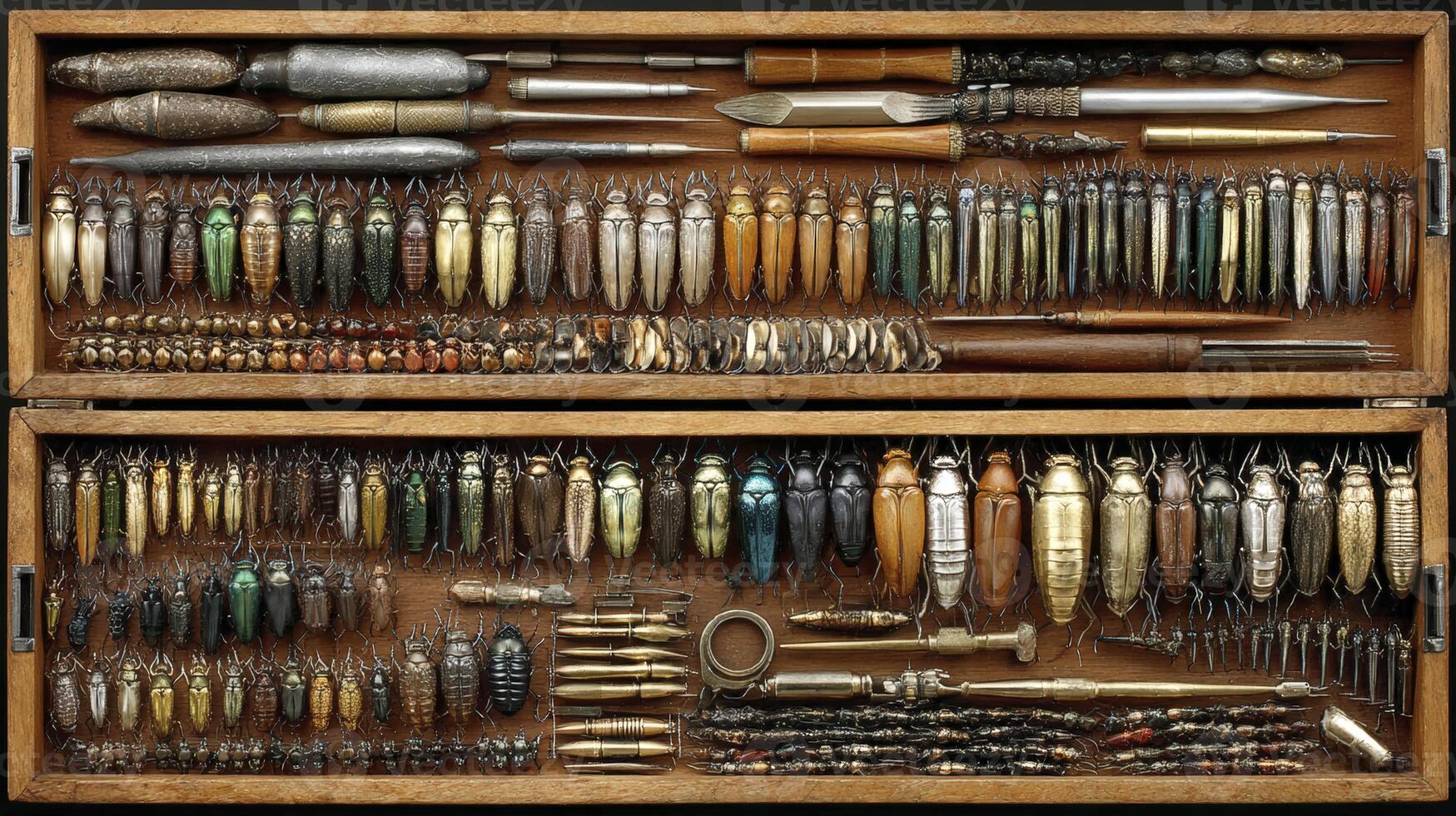 Detailed View of Two Wooden Drawers Filled with Preserved Insects and Entomology Tools photo