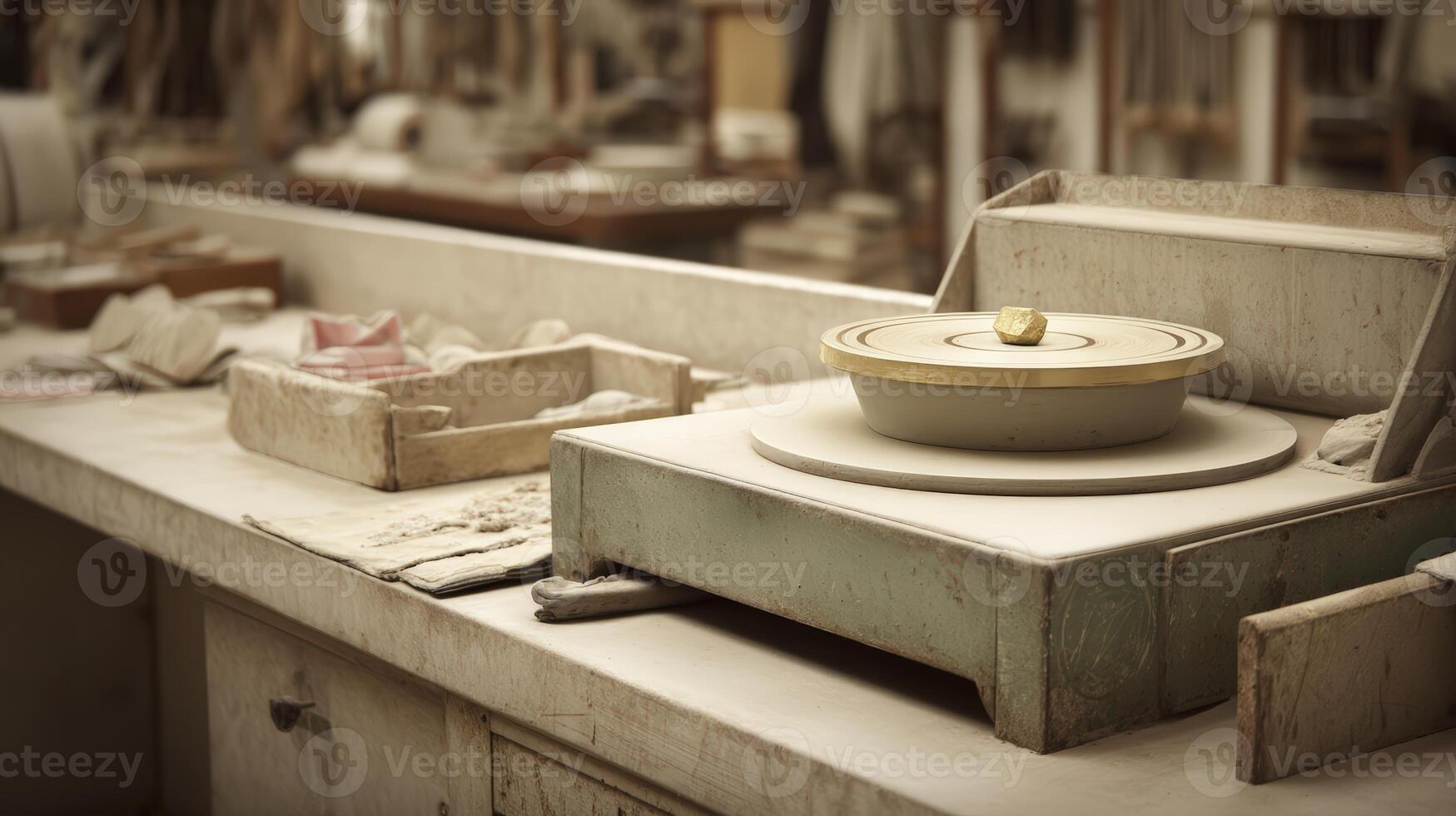 Dusty Teal Rock Tumbling Machine on Worn Workbench in Workshop photo