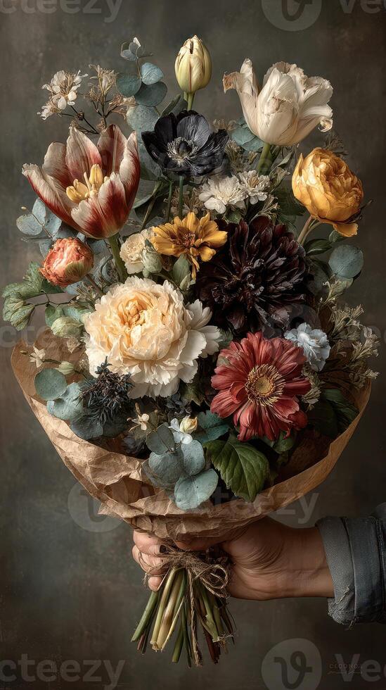 Beautifully arranged bouquet featuring colorful flowers with unique textures and shapes held by a hand on a neutral background photo