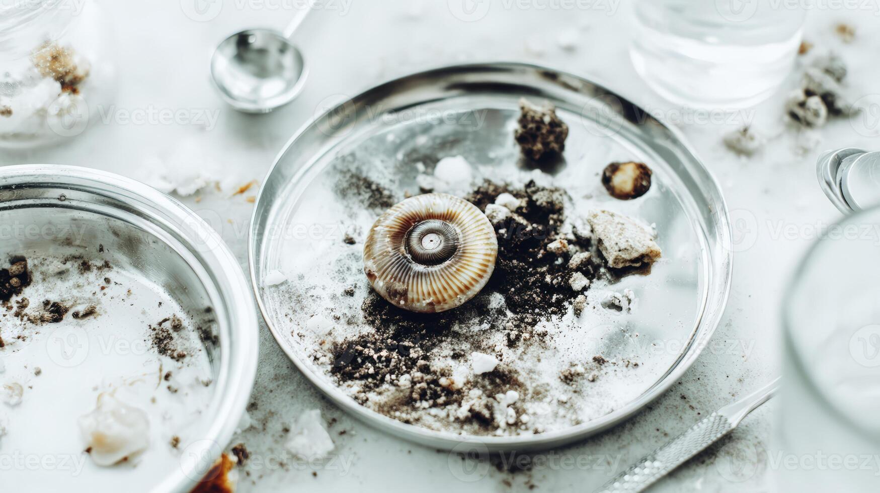 Fossil Cleaning Station Detail Pale Yellow Fossils and Dark Sediment on Metal Tray photo