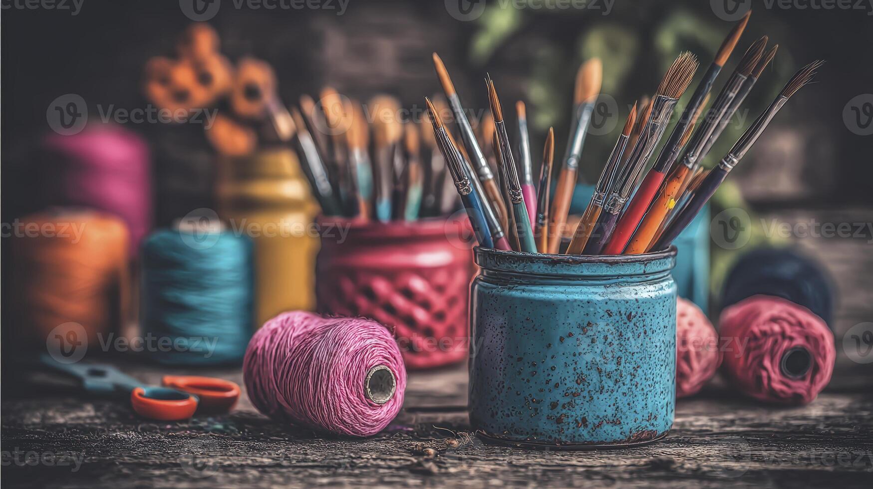 Colorful Yarn and Paintbrushes on Rustic Wooden Table photo