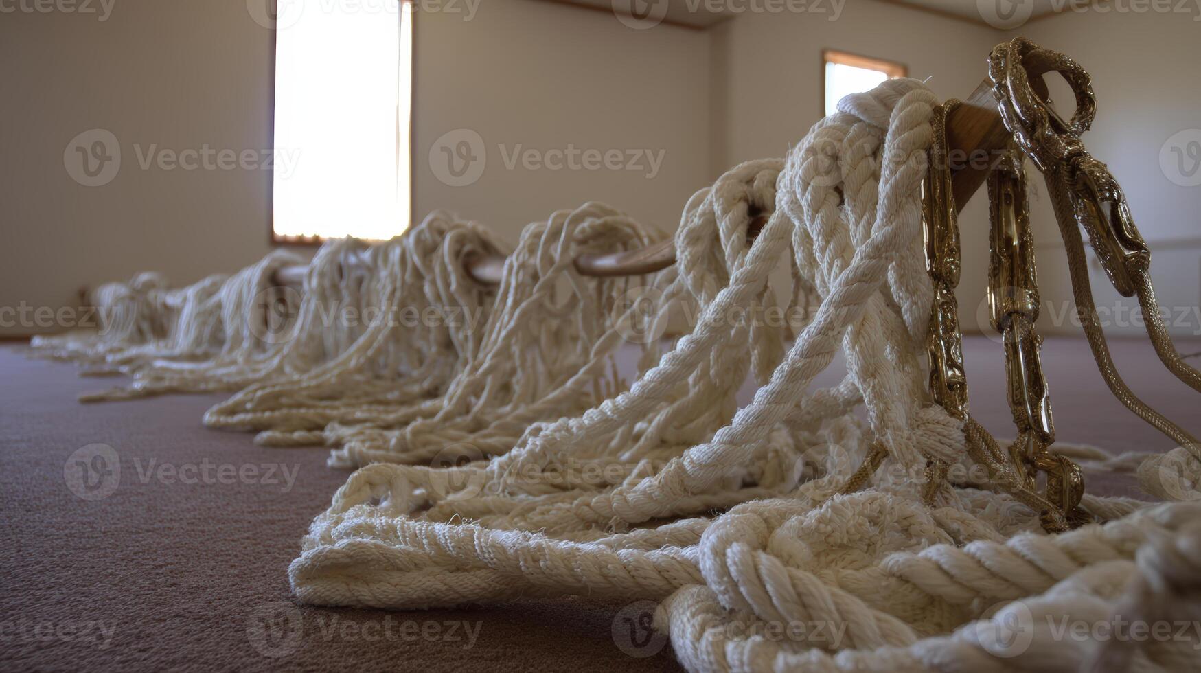 Cream Colored Ropes and Cords Arranged on Tan Carpet in a Room photo