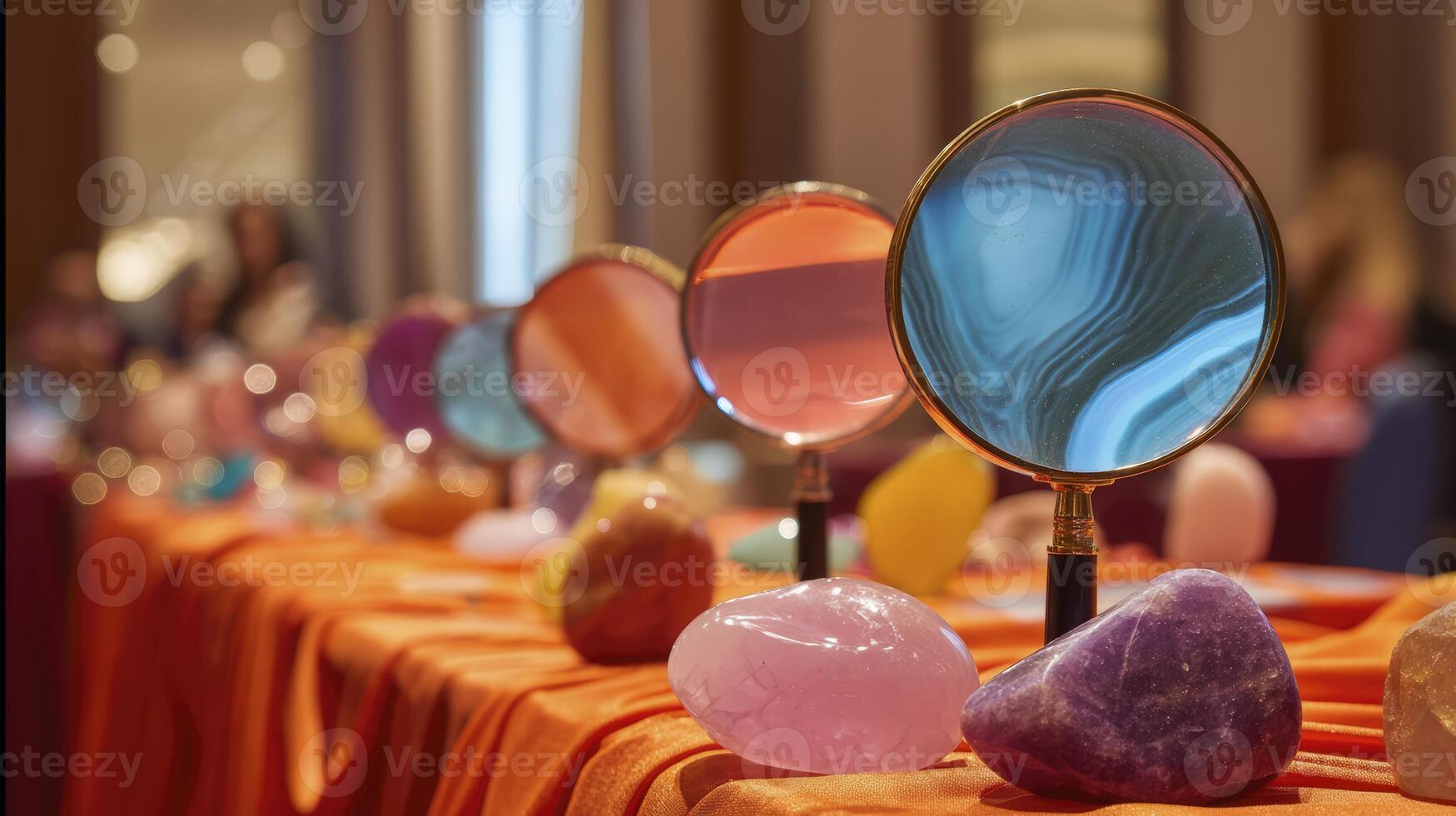 Colorful Gemstones and Magnifying Glasses on Orange Tabletop photo